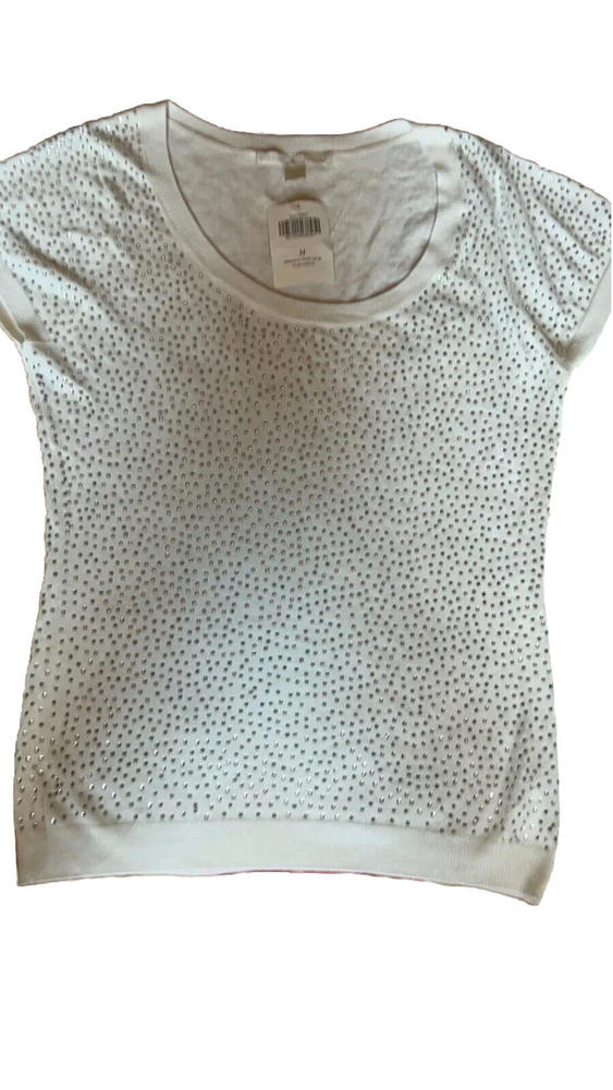 BOSTON PROPER Top short sleeves White Medium Dazzled in  Rhinestones NWT